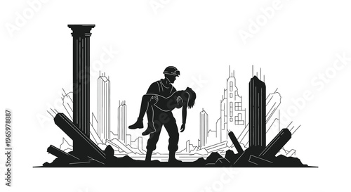A soldier carries a person through a destroyed cityscape representing loss and resilience a stark silhouette high quality professional detailed modern