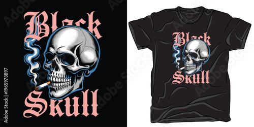 Black skull t-shirt design with a smoking skull on a dark background.