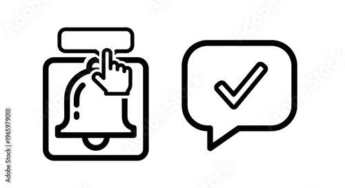 Bell notification icon with finger pressing button and speech bubble with check mark, vector illustration of permission granted and confirmation symbol, concept of alerts and approval