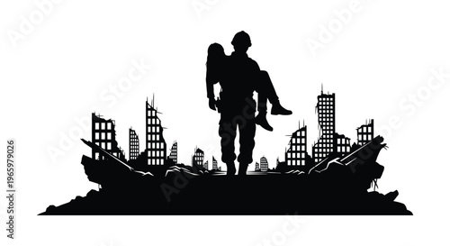 A soldier carries an injured person amidst the ruins of a city depicted in a stark silhouette high quality professional detailed
