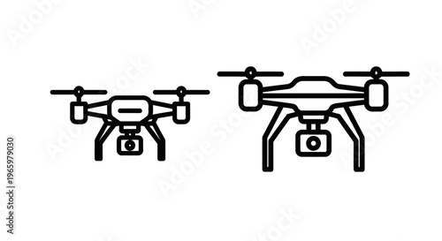 Drone icons, vector illustration of two different quadcopter aerial vehicles with cameras, simple line art symbols for aerial photography and surveillance technology