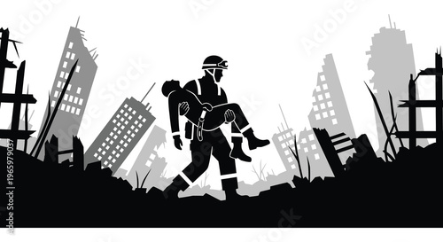 A rescuer carries an injured person through a devastated cityscape depicted in a stark black silhouette high quality professional detailed modern