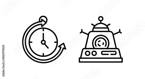 Time management and automation concept icons: clock with refresh arrow and modern robotic device for efficiency
