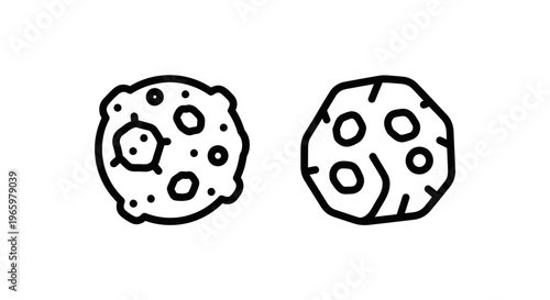 Cosmic asteroid or meteorite icons: simple outline illustrations of rough-textured celestial rocks with craters