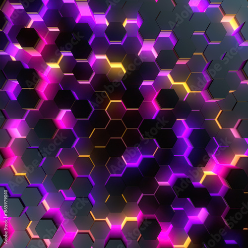 An abstract 3D rendering surface made of hexagons with a bright purple and orange glow. A futuristic background that symbolizes energy, data flows, and innovation. Stylish digital pattern