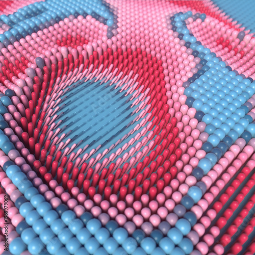 Volumetric concentric circles made of red and blue capsules. A 3D illustration with a depth of field effect reminiscent of a sound wave. A dynamic, contrasting background