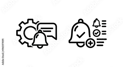 Black and white notification settings and alert preferences icon set for UI design featuring bell gear and message symbols isolated on white background for application interface development software