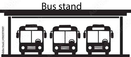 Three stationary buses under covered bus stand roof