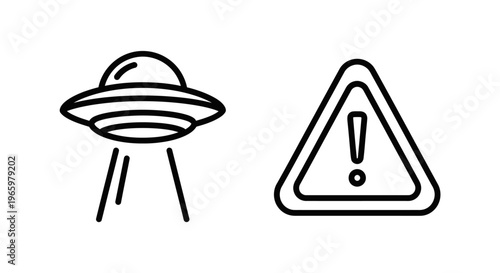 Alien spacecraft ufo unidentified flying object with light beam and warning triangle alert sign icon set for extraterrestrial mystery science fiction movie and paranormal activity concept graphic