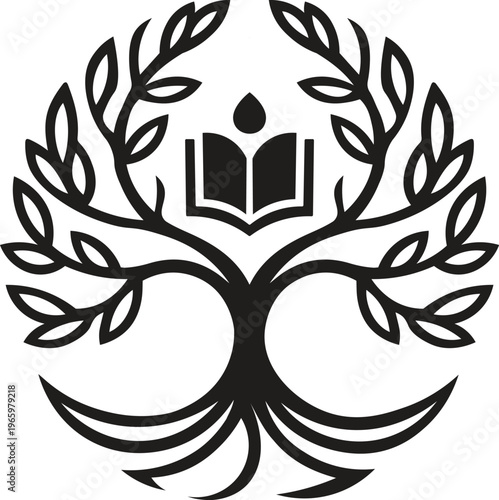 Abstract Tree of Knowledge with Book Logo Design, Education Tree Logo with Open Book Symbol