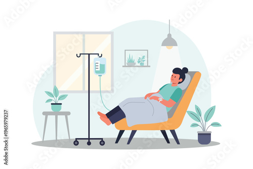 Woman receiving iv drip treatment in a comfortable home setting with plants