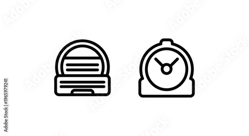 Minimalist vector icons featuring a computer terminal window and an analog alarm clock, clean black line art symbols for technology, time management, and coding concepts on white background