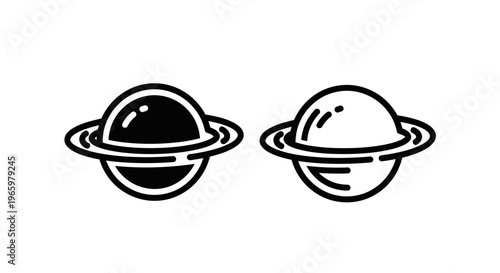 Minimalist saturn planet icons with planetary rings, solid and outline style vector illustrations for space exploration, astronomy science, and galaxy research concepts on a plain white background
