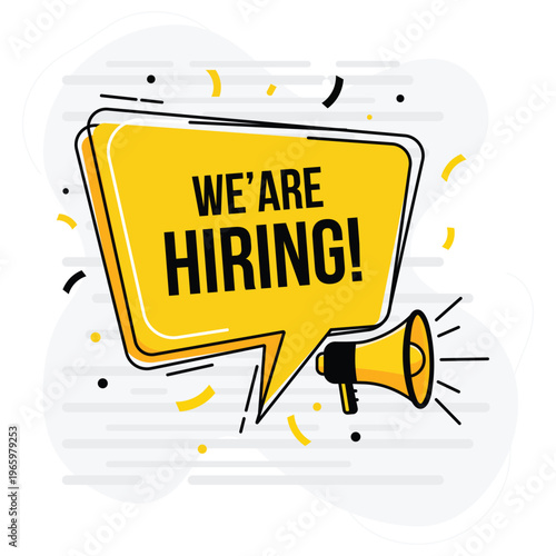 Vibrant illustration of a yellow speech bubble with a megaphone announcing job openings
