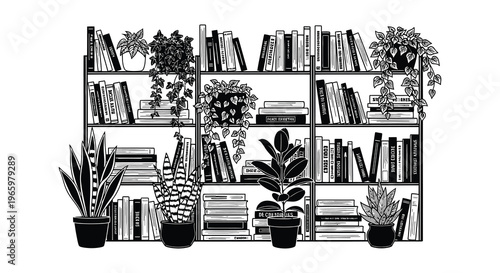 A detailed bookshelf filled with books and various plants rendered as a striking black silhouette high quality professional modern elegant stylish