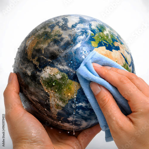 Earth Restoration Concept, Cleaning Dirty Globe for a Better Future