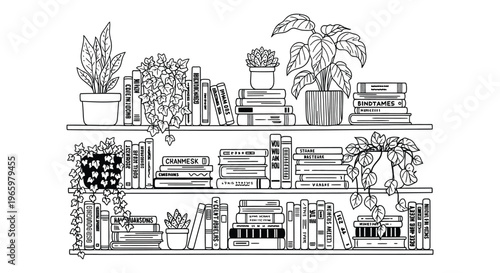 A minimalist black and white illustration depicts bookshelves filled with books plants and decorative items a striking silhouette high quality professional detailed modern