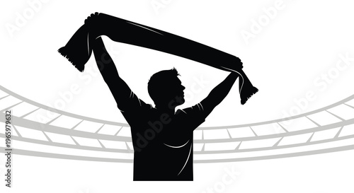 A fan celebrates with a raised scarf in a stadium creating a striking black silhouette high quality professional detailed modern elegant