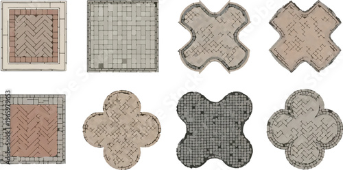 Architectural paving stone patterns, 8 vector top view landscape design elements, stone pavement textures for garden paths and urban plazas, cobblestone and brick walkway set isolated PNG with
