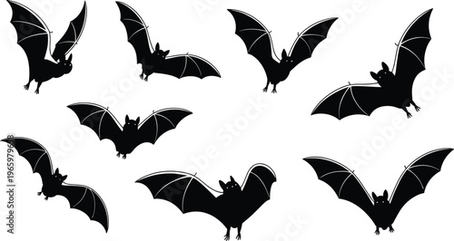 Stylized black bats flying in different poses with blue outlines, white eyes, gothic Halloween nocturnal animal illustration design