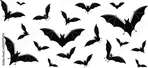 Stylized black bats with blue outlines flying dynamically on white background, Halloween gothic design, nocturnal animals illustration pattern