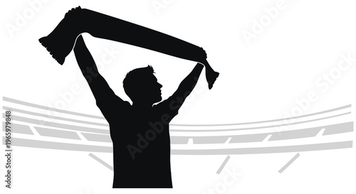 A jubilant sports fan raises a scarf overhead within a stadium setting depicted as a stark silhouette high quality professional detailed