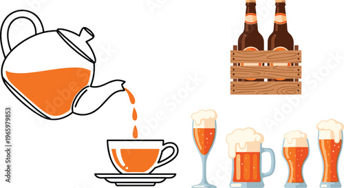 Beverage vector set featuring teapot pouring hot tea into a cup alongside craft beer bottles in wooden crate and assorted foaming beer glasses for bar and cafe designs.