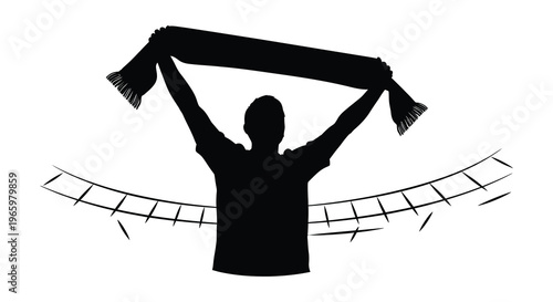 A dark silhouette of a person with arms raised holding a scarf above their head against a white backdrop silhouette