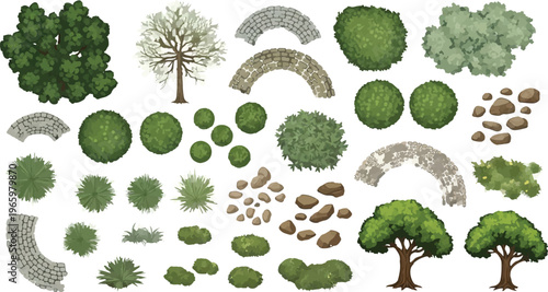 Landscape design elements set with 36 vector icons, top view garden plan symbols including green trees and bushes, stone path walkways and rocks for architectural site mapping isolated PNG with