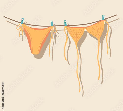 Yellow swimming trunks and bra hang on clothesline, secured with clothespins, casting shadow. Flat vector summer illustration of bikini on beige background.
