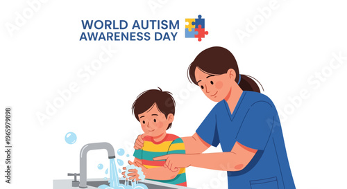 Caregiver assisting young boy with hand washing hygiene routine