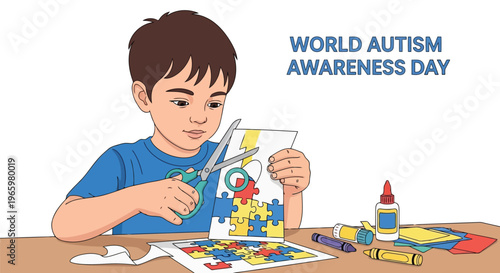 Young boy cutting colorful puzzle pieces for World Autism Awareness Day