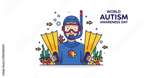 Scuba diver with puzzle piece emblem for autism awareness illustration