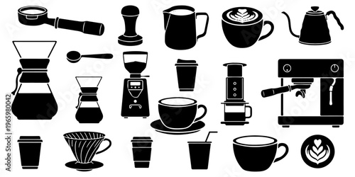 Professional barista tools and specialty coffee brewing equipment black silhouettes set. espresso machine, grinder, tamper, and alternative brewing, isolated.