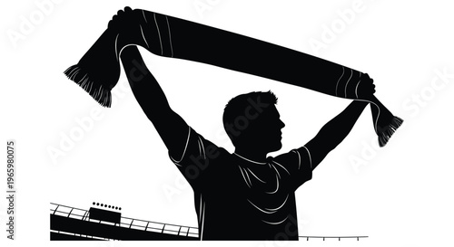 A jubilant sports fan raises a scarf in victory arms outstretched against a stadium backdrop silhouette high quality professional detailed modern