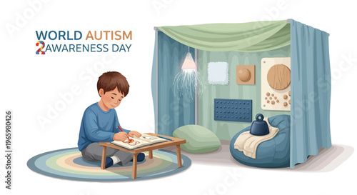 Boy sitting in a sensory tent for world autism awareness day project