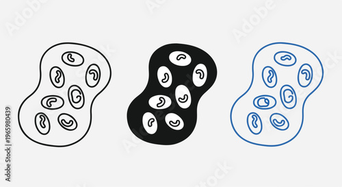 Three stylized illustrations of cells or bacteria in different graphic styles: outline, solid black, and blue line art
