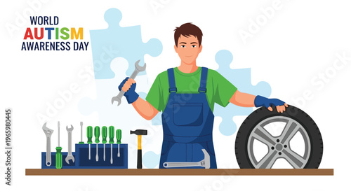 Mechanic with tools working on a tire for world autism awareness day