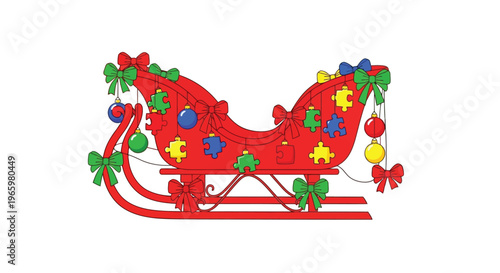 Red sleigh decorated with puzzle pieces for autism awareness holidays