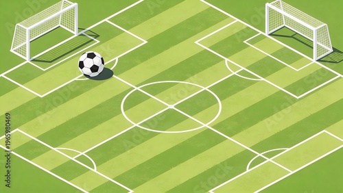  is a digital illustration of a soccer field viewed from above. The field is depicted with alternating light and dark green stripes
