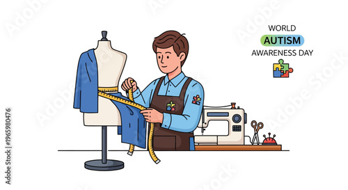 Tailor measuring fabric on a mannequin for world autism awareness day