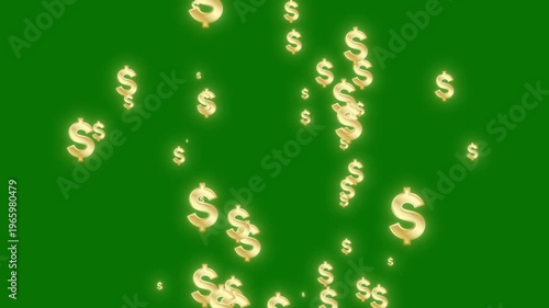 Dynamic golden dollar sign rotation on green screen background, 3D USD symbol falling and looping, vibrant wealth animation, seamless dollar rain effect with transparent alpha channel 4K video