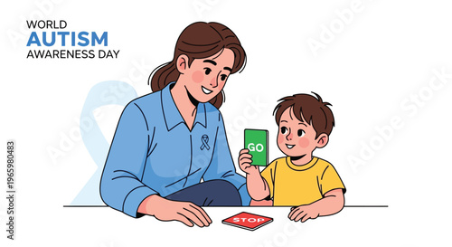 Therapist helping young boy with visual communication cards for autism