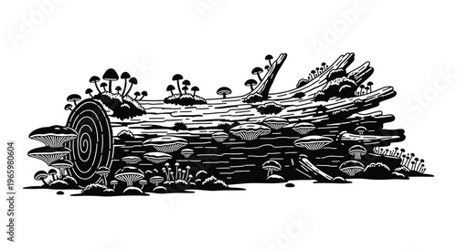 A fallen log covered in various mushrooms and foliage is depicted in a striking black silhouette high quality professional detailed modern