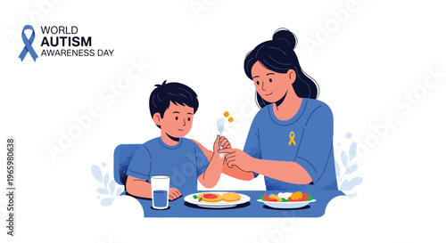 Mother helping son eat healthy meal for autism sensory support