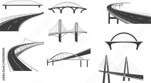 Stylized bridge and elevated roadway designs, suspension, arch, cable-stayed, modern infrastructure illustration for architecture and engineering concepts