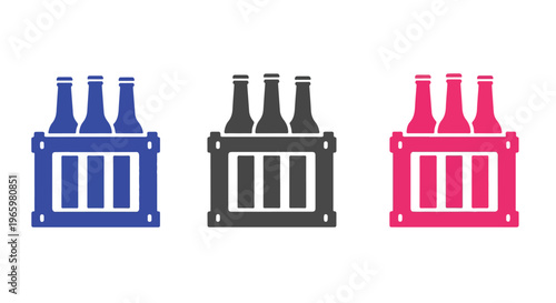 Three different colored six-packs of beer bottles in wooden crates presented as icons on a white background