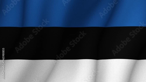Flag of Estonia waving in wind with blue black and white horizontal stripes. National identity patriotism and country symbol concept.