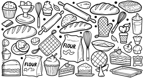 Detailed doodle pattern of baking and bakery items including bread, flour bags, rolling pins, and cupcakes in a bright studio.