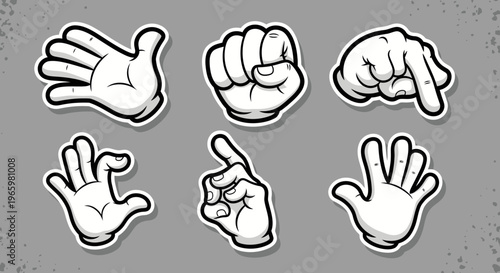 Assorted cartoon hand gestures showing clenched fist, pointing finger, open palm, and waving action on a gray background.